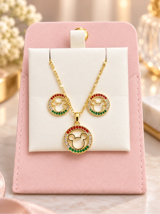 Jewelry - 14KGold platedMickey Mouse Red & Green Crystal Pendant Necklace and Earring Set
